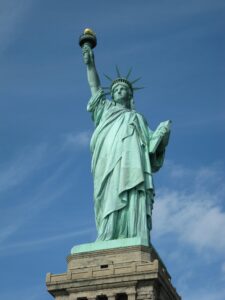 A picture of the Statue of Liberty, located in New York, USA.